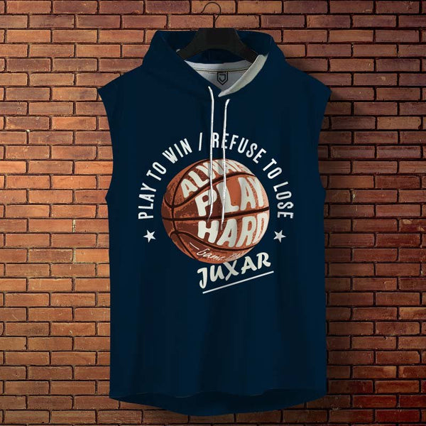 Juxar men's sleeveless weightlifting hoodie in navy blue with basketball graphic and motivational text