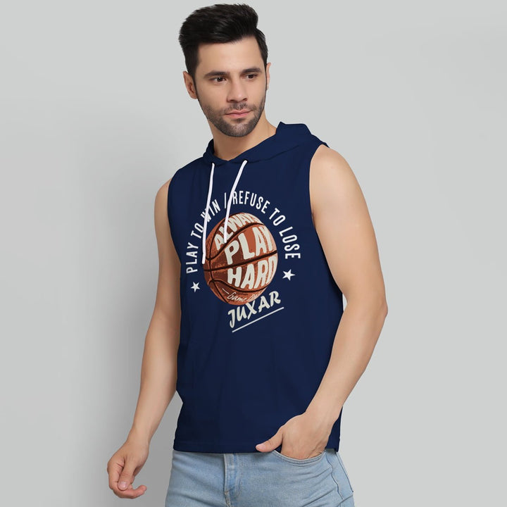 Juxar men's sleeveless navy weightlifting hoodie with Play Hard basketball graphic