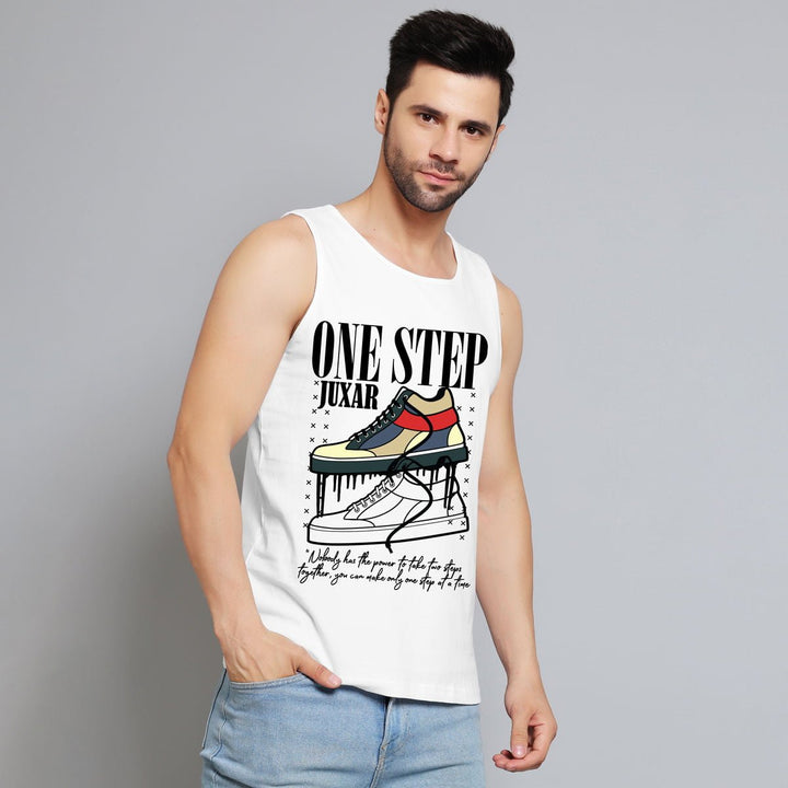 Juxar mens white love sando with graphic sneaker design and one step text