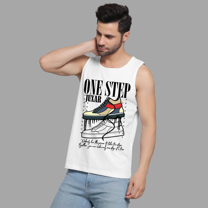 Juxar men's white love sando sleeveless tank top with colorful sneaker graphic print