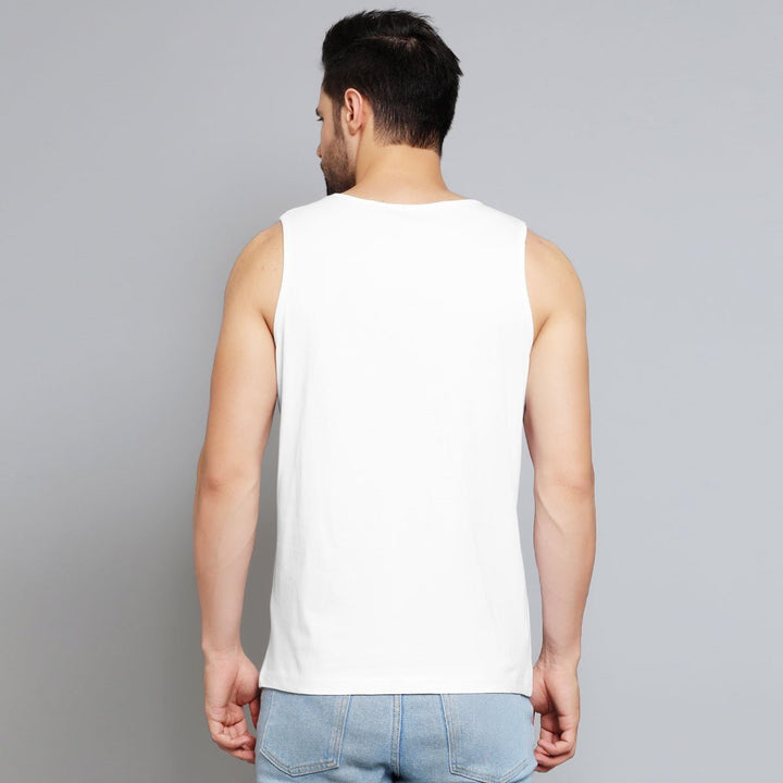 Juxar white sando for men stylish sleeveless tank top shown from back on male model