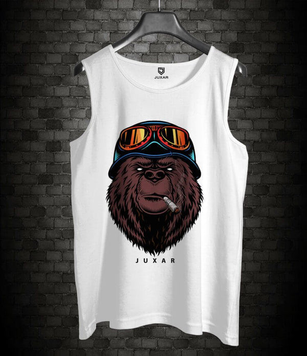 Juxar white sando for men stylish with graphic print of a gorilla wearing goggles and smoking