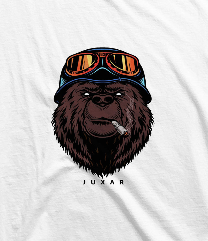 Juxar white sando for men stylish featuring a graphic of a bear wearing sunglasses and smoking a cigar