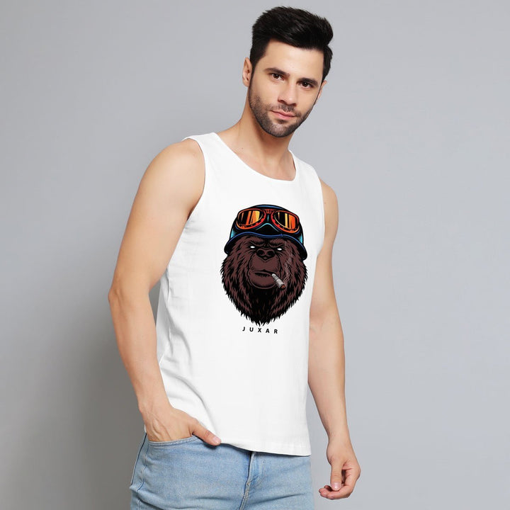 Juxar white sando for men stylish with graphic gorilla print, sleeveless casual tank top