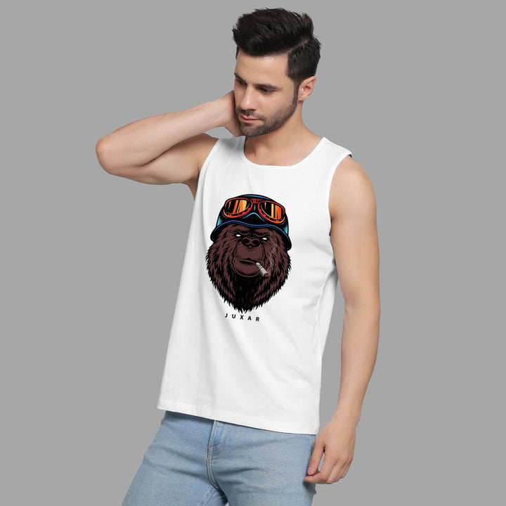 Juxar white sando for men stylish with graphic gorilla print and sleeveless design