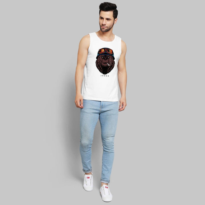 Juxar white sando for men stylish with graphic print worn with light blue jeans and white sneakers