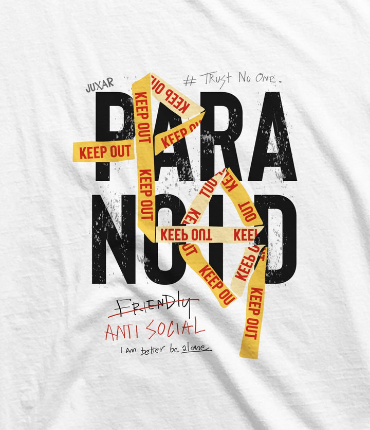 Juxar white sando for men stylish with black paranoia print and yellow keep out tape design