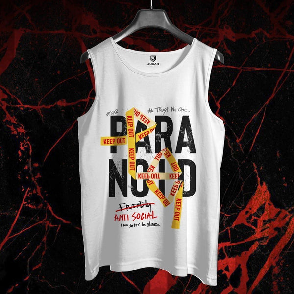 White sando for men stylish by Juxar with graphic print and keep out tape design