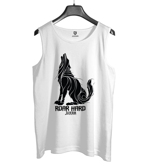 Juxar mens white wolf design gym vest with black howling wolf graphic and Roar Hard text