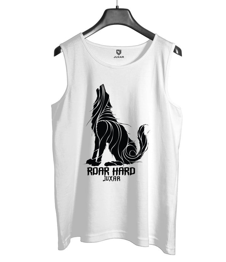 Juxar mens white wolf design gym vest with black howling wolf graphic and Roar Hard text