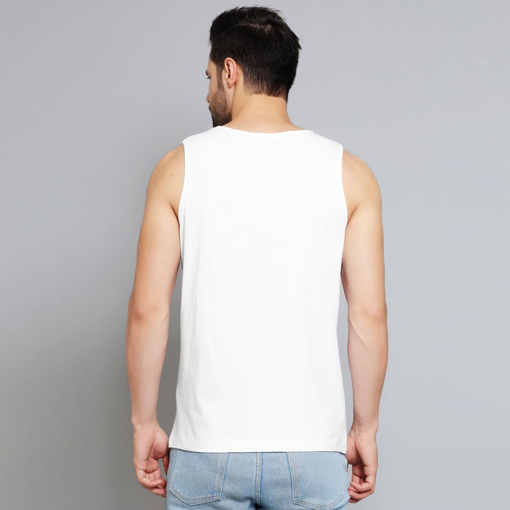 Back view of mens white wolf design gym vest by Juxar worn with blue jeans