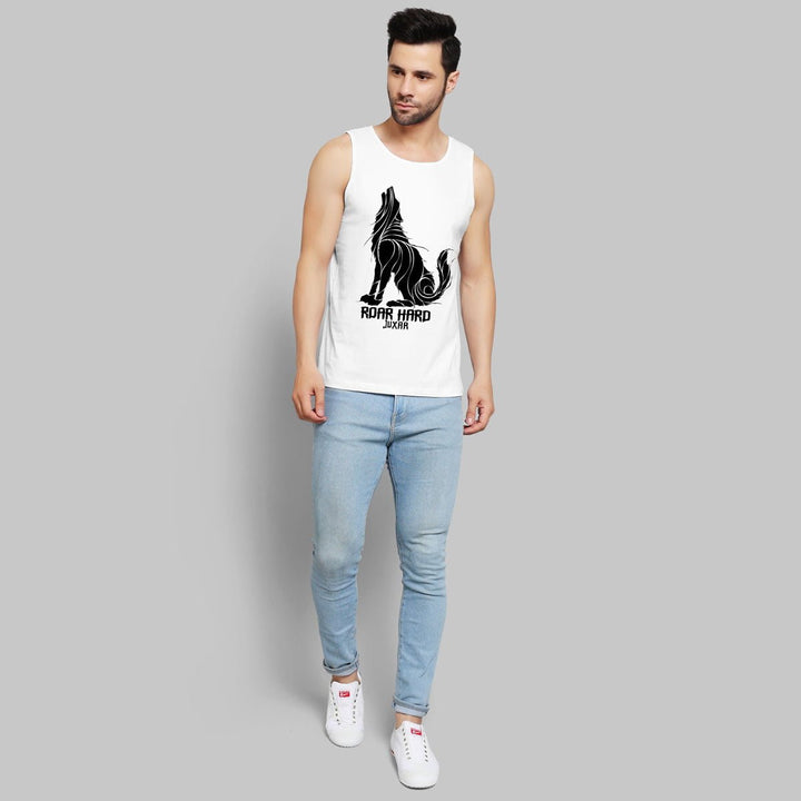 Juxar men's white wolf design gym vest with black wolf graphic and roar hard text