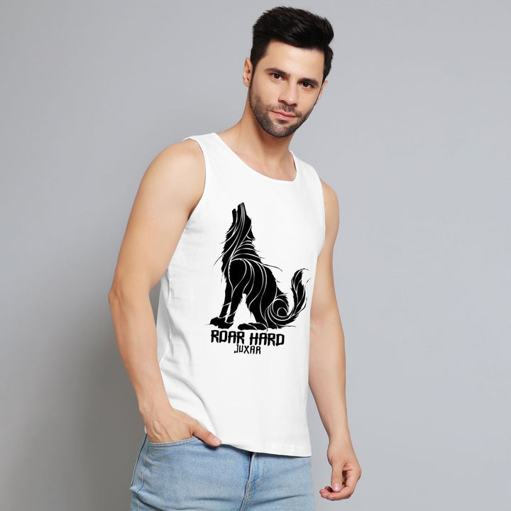 Mens white wolf design gym vest by Juxar with black graphic and sleeveless fit