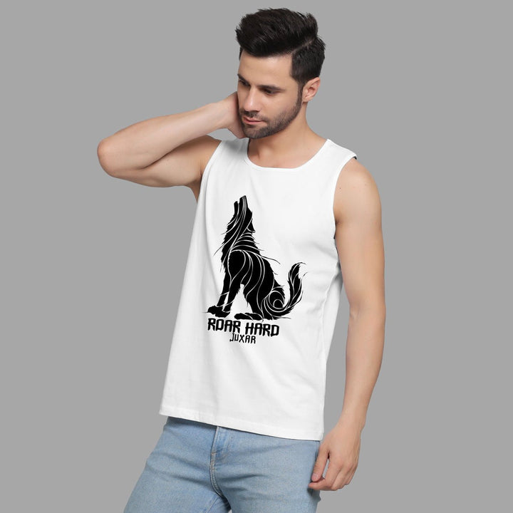 Juxar mens white sleeveless vest with black wolf design gym vest graphic and roar hard text