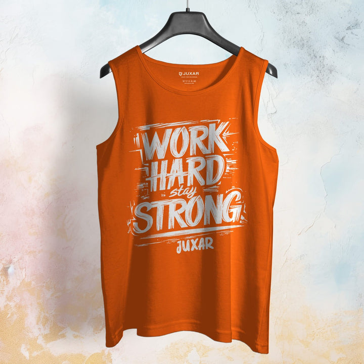 Juxar men's orange work hard stay strong sando sleeveless tank top with white graphic text