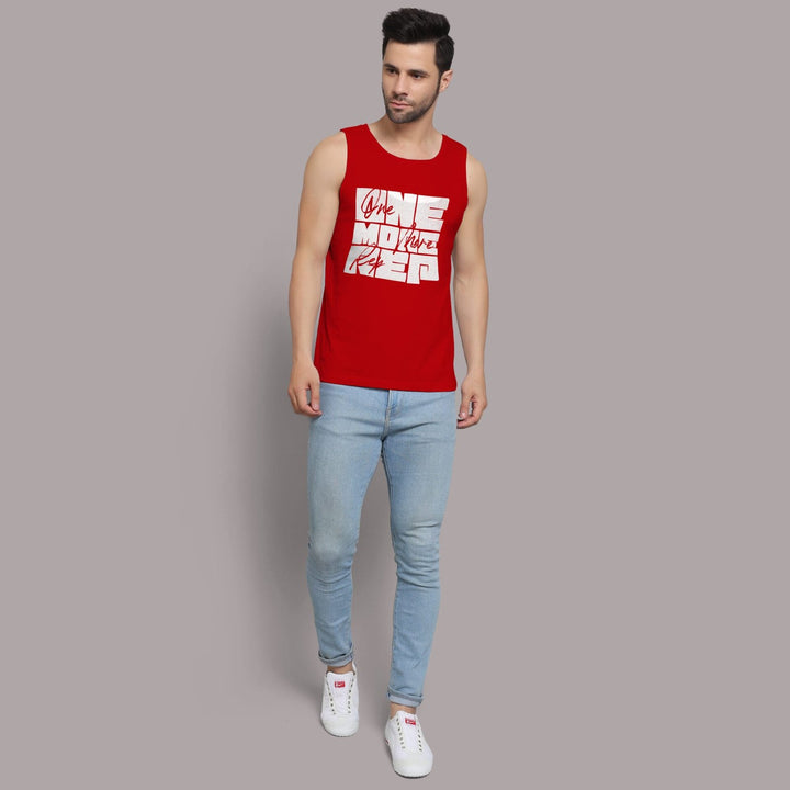 Juxar red workout muscle sando men tank top paired with light blue jeans and white sneakers
