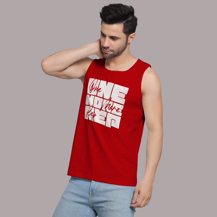 Juxar red workout muscle sando men with white graphic text worn by male model
