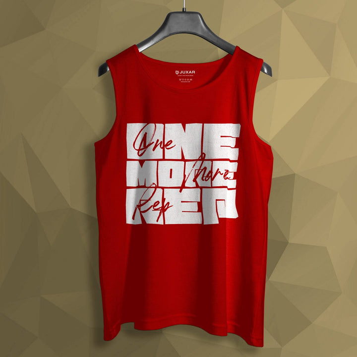Juxar red workout muscle sando men tank top with white graphic text on front