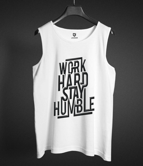 Juxar men's white workout vest for hot weather with motivational Work Hard Stay Humble print
