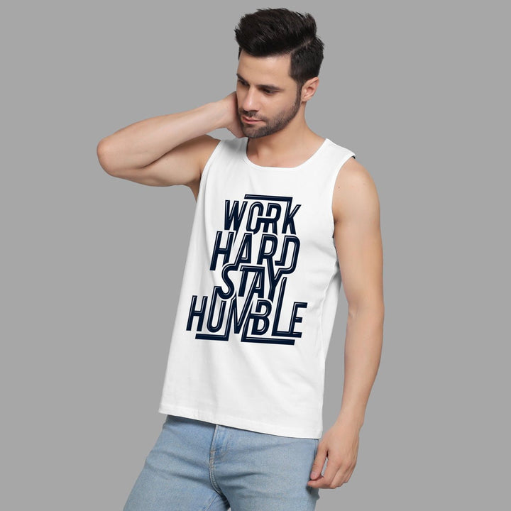 Juxar men's white workout vest for hot weather with motivational text print and sleeveless design