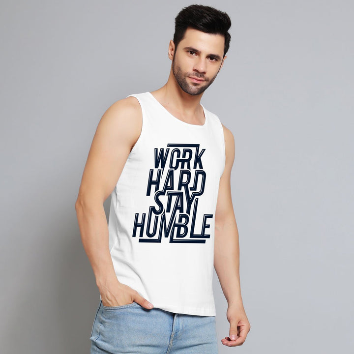 Juxar men's white workout vest for hot weather with work hard stay humble text design