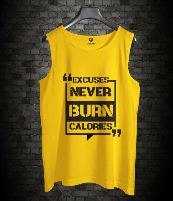 Juxar yellow gym sando for men with motivational black print excusing never burn calories