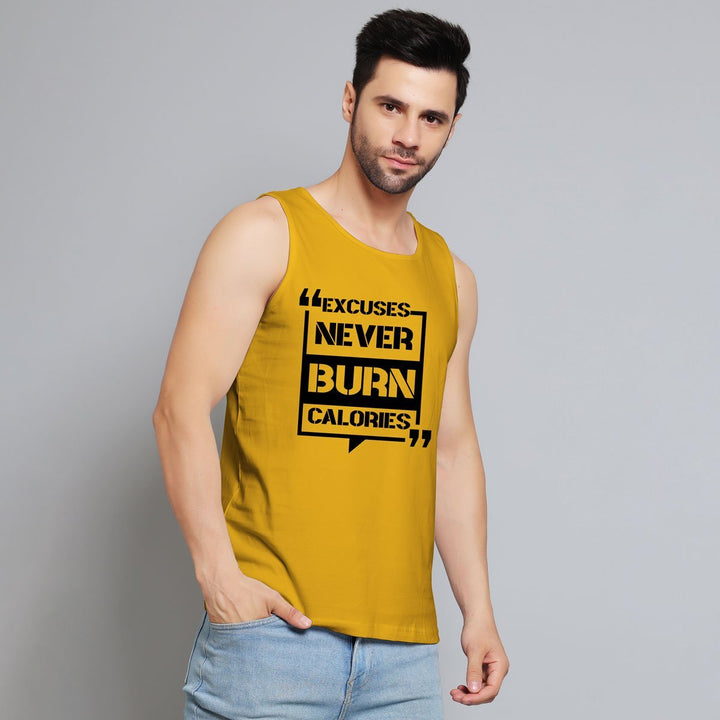 Juxar men's yellow gym sando with motivational burn calories graphic print