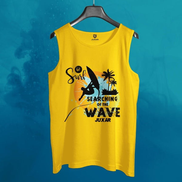 Juxar yellow surf sando for beachwear with surfing graphic and palm trees for men