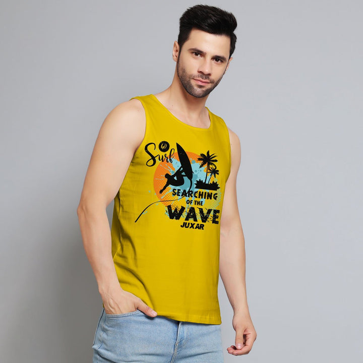 Juxar yellow surf sando for beachwear with graphic wave and surfer print on front
