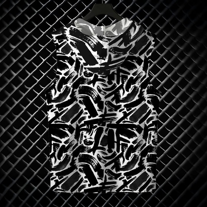 Juxar mens youth muscle hoodie with black and white abstract brushstroke pattern on sleeveless design
