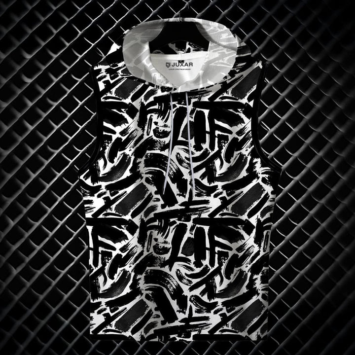 Juxar men's sleeveless youth muscle hoodie with black and white abstract graffiti design