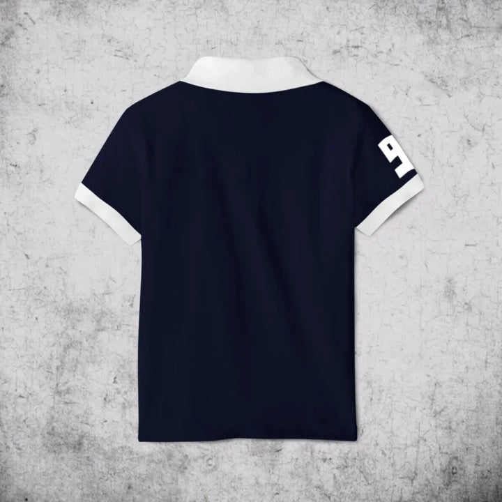 Juxar navy blue polo shirt cotton back view with white contrast collar and cuffs and printed 9 on sleeve