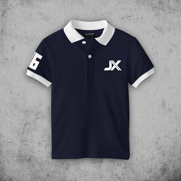 Juxar cotton navy blue polo shirt with white collar and sleeve trim JX logo and number 6 on sleeve