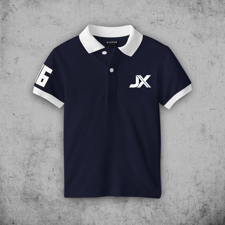 Juxar cotton navy blue polo shirt with white collar and sleeve trim JX logo and number 6 on sleeve