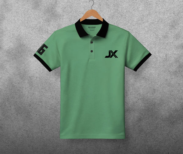 Juxar green short sleeve polo cotton tee with black collar and sleeve trim JX logo and number 6
