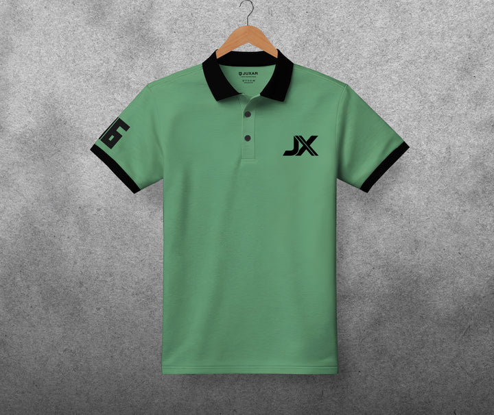 Juxar green short sleeve polo cotton tee with black collar and sleeve trim JX logo and number 6