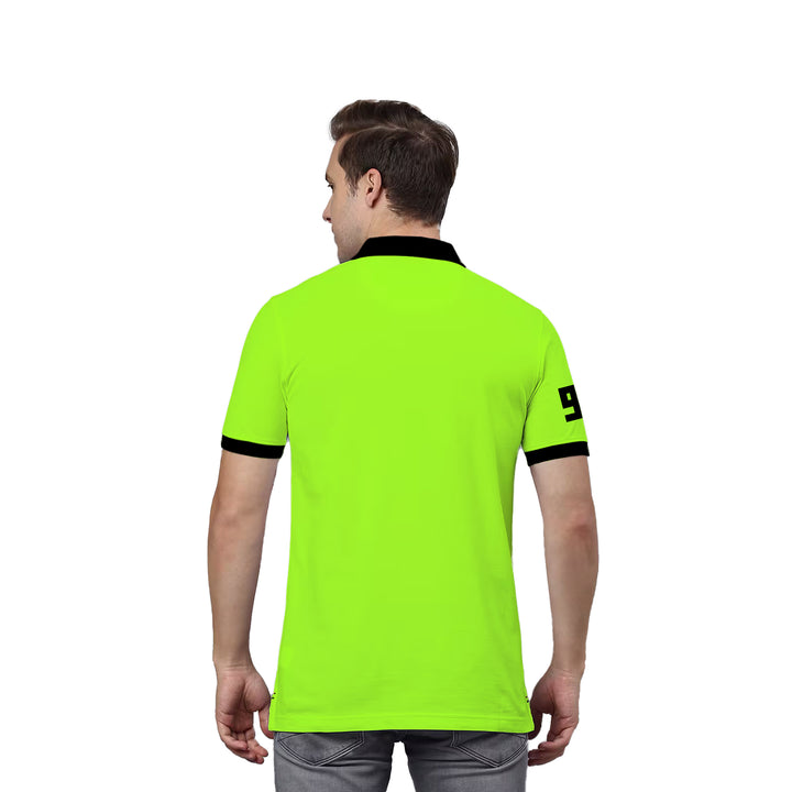 Juxar neon green slim fit cotton polo t shirt back view on male model with black collar and sleeve trim