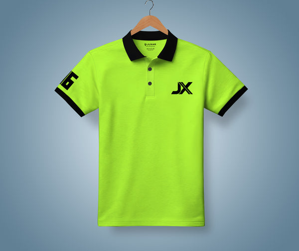 Juxar neon green short sleeve slim fit cotton polo t shirt with black collar sleeve trim and JX logo