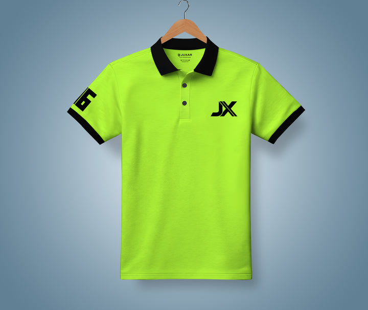 Juxar neon green short sleeve slim fit cotton polo t shirt with black collar sleeve trim and JX logo
