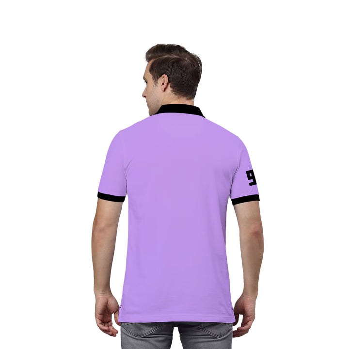 Juxar plain cotton polo t shirt back view lilac with black collar and sleeve cuffs on male model
