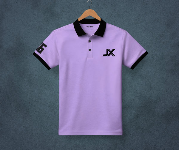 Juxar lavender plain cotton polo t shirt with black collar cuffs and JX logo ideal for casual wear