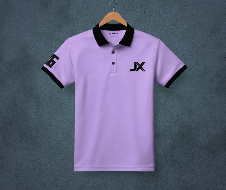 Juxar lavender plain cotton polo t shirt with black collar cuffs and JX logo ideal for casual wear