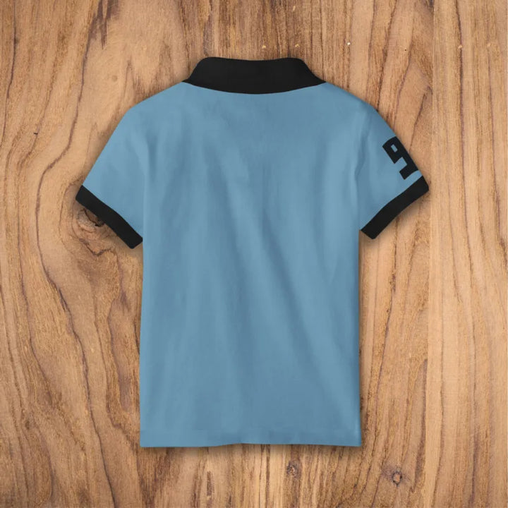 Juxar light blue casual cotton polo tee back view with black collar and sleeve cuffs and number 9