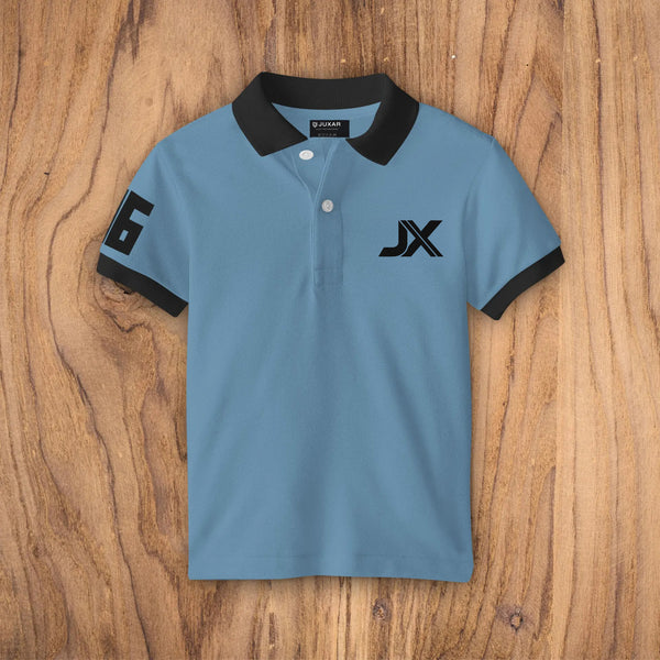 Juxar sky blue casual cotton polo tee with black collar and sleeve trim JX logo on chest and number 6 sleeve