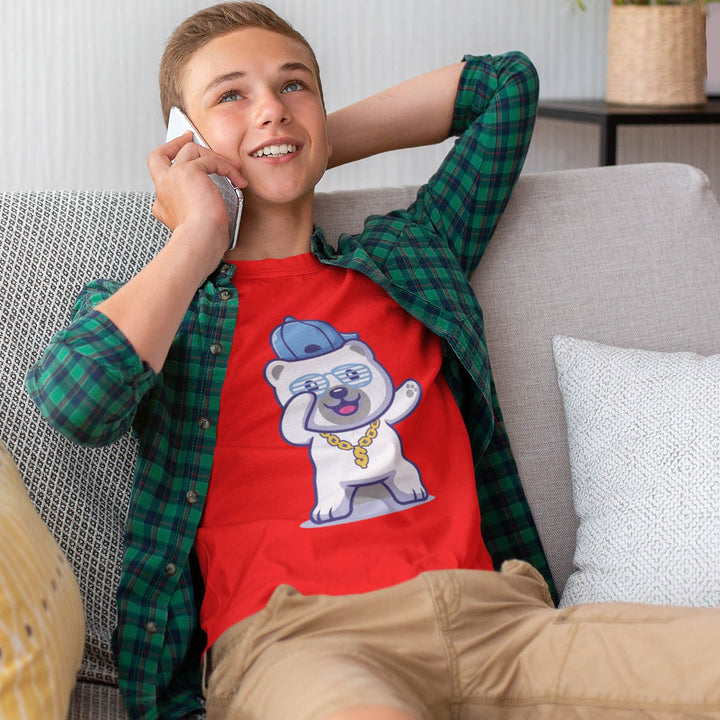 Juxar designer t shirt for boys red tee with cartoon dog print boy lounging on couch talking on phone