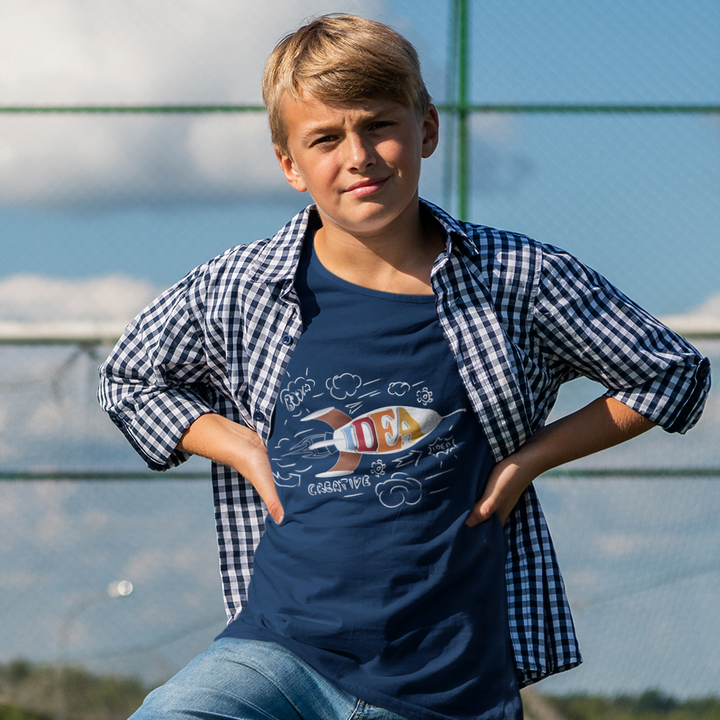 Juxar navy graphic fashionable t shirt for boys layered under open check shirt outdoors