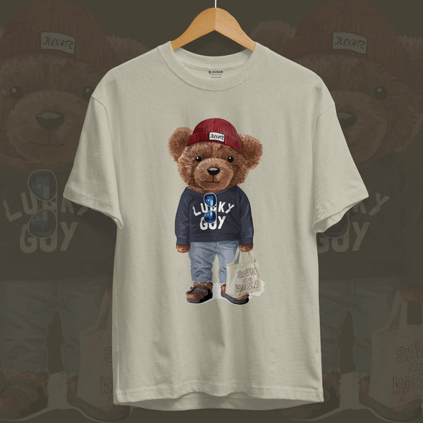 Juxar lightweight cotton t shirt for men featuring a bear wearing a red hat and casual outfit