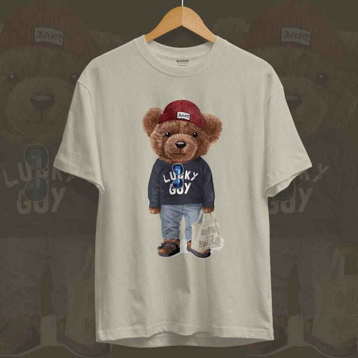 Juxar lightweight cotton t shirt for men featuring a bear wearing a red hat and casual outfit