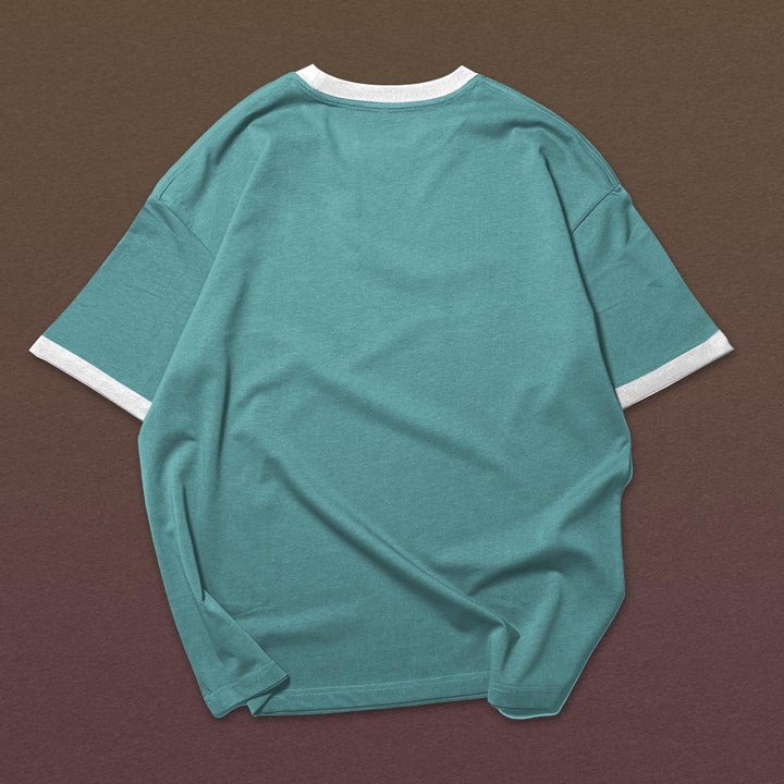 Mens teal ringer T shirt back view flat lay with white collar and cuffs mockup for vector art animal print shirt