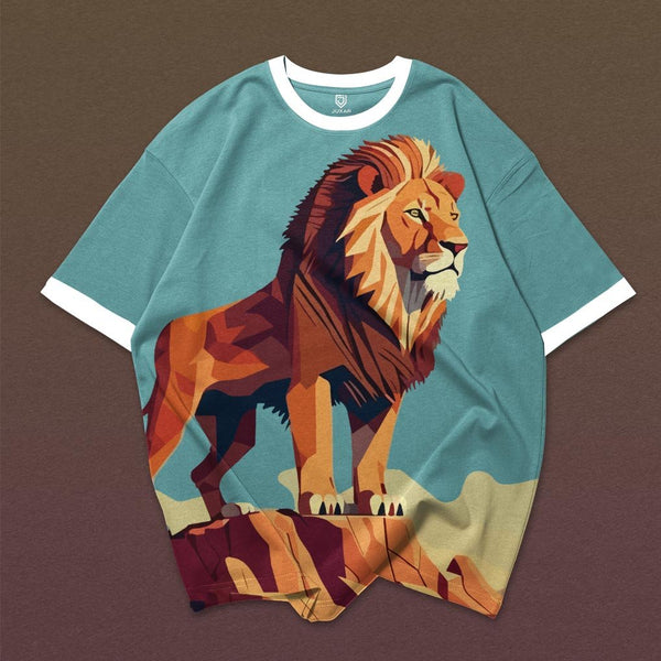 Mens teal t shirt with geometric lion on rocky ledge and white trim vector art animal print shirt